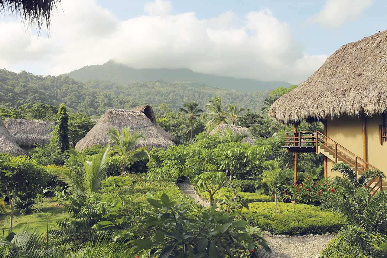 Foto von Enchanting lush greenery and traditional thatch-roofed huts with the Sierra Nevada mountains in the background, Santa Marta, Colombia.