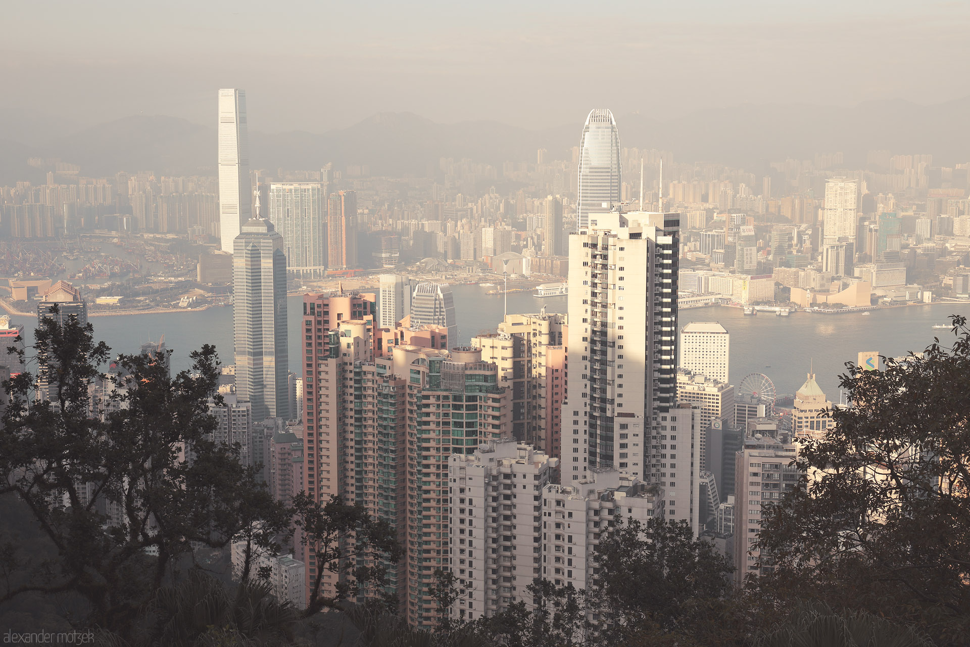 Foto von Hazy light over Victoria Harbour as Central and Kowloon skyscrapers rise beneath the Peak, Hong Kong Island, Hong Kong.