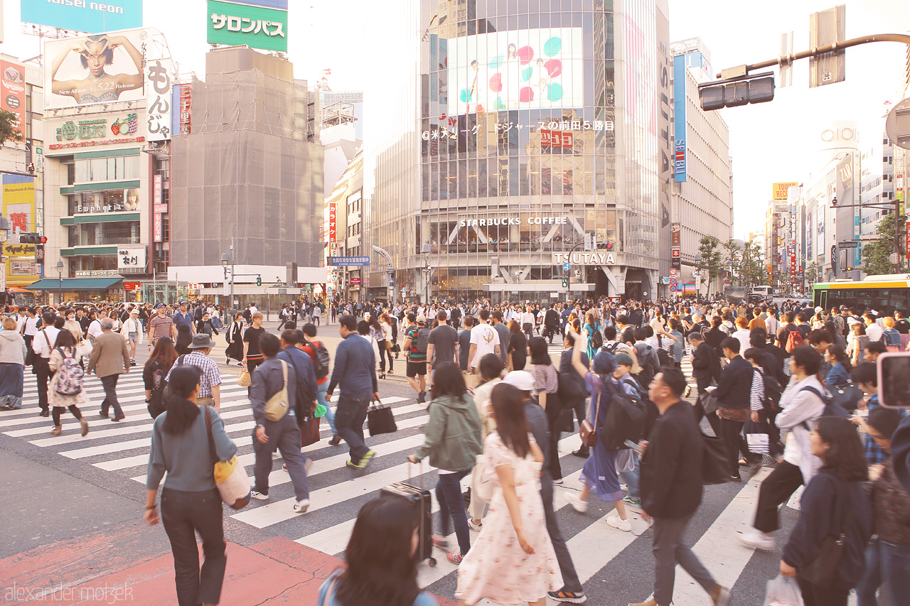 Foto von Die berühmte Kreuzung Shibuya am Abend in Tokyo mit hunderten Menschen die gleichzeitig die Straße überqueren