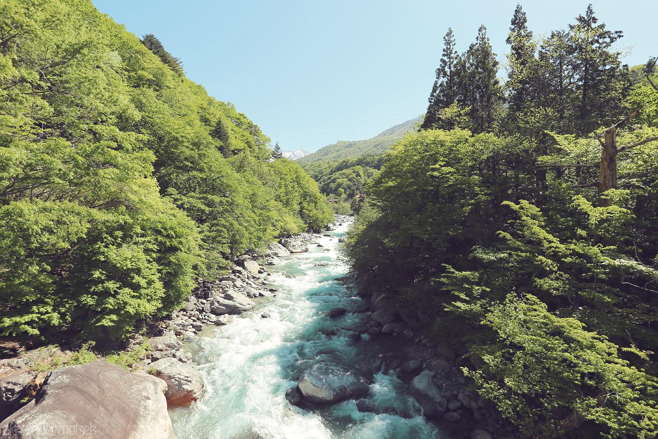 Foto von Reißender Bach in den japanischen Alpen mit natürlichem Onsen