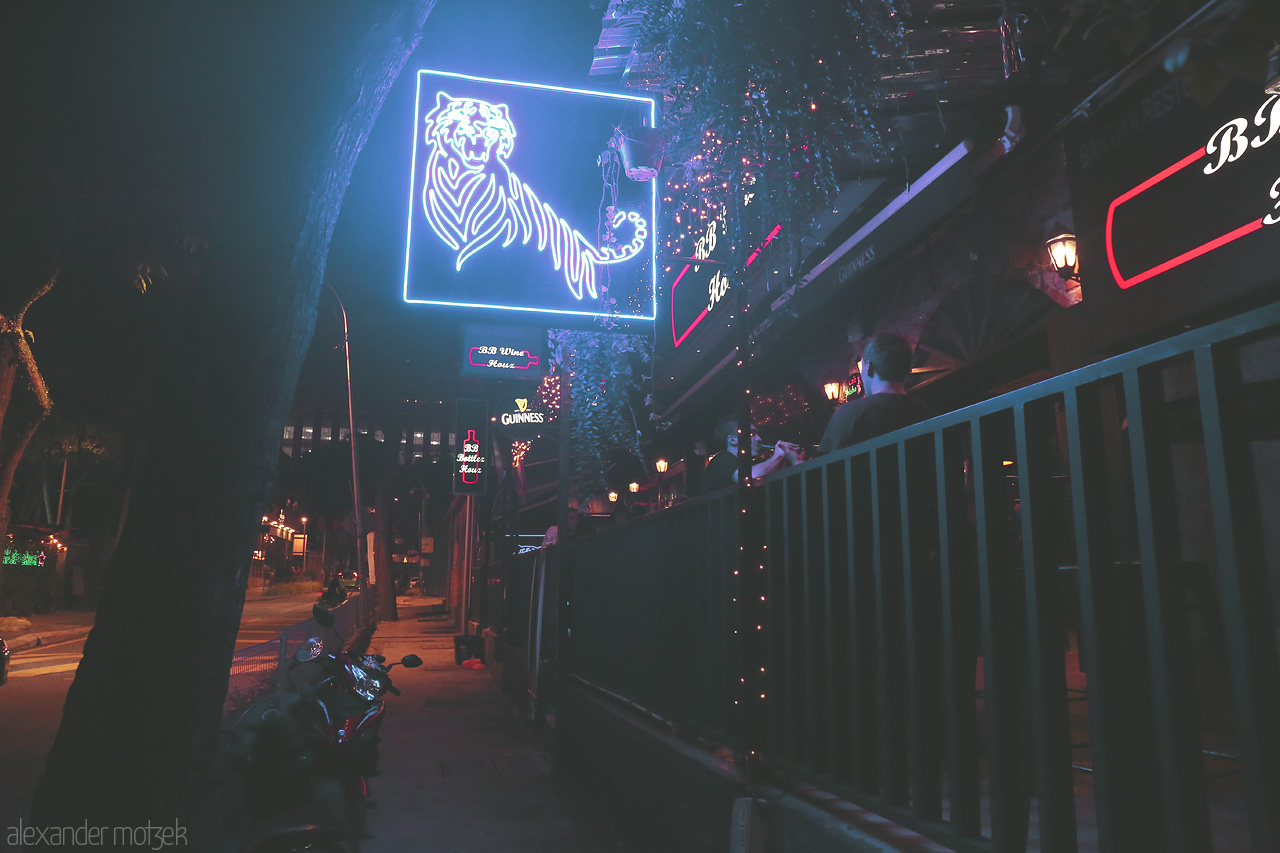 Foto von A neon tiger lights up the Kuala Lumpur streets, capturing the city's vibrant and lively night scene.