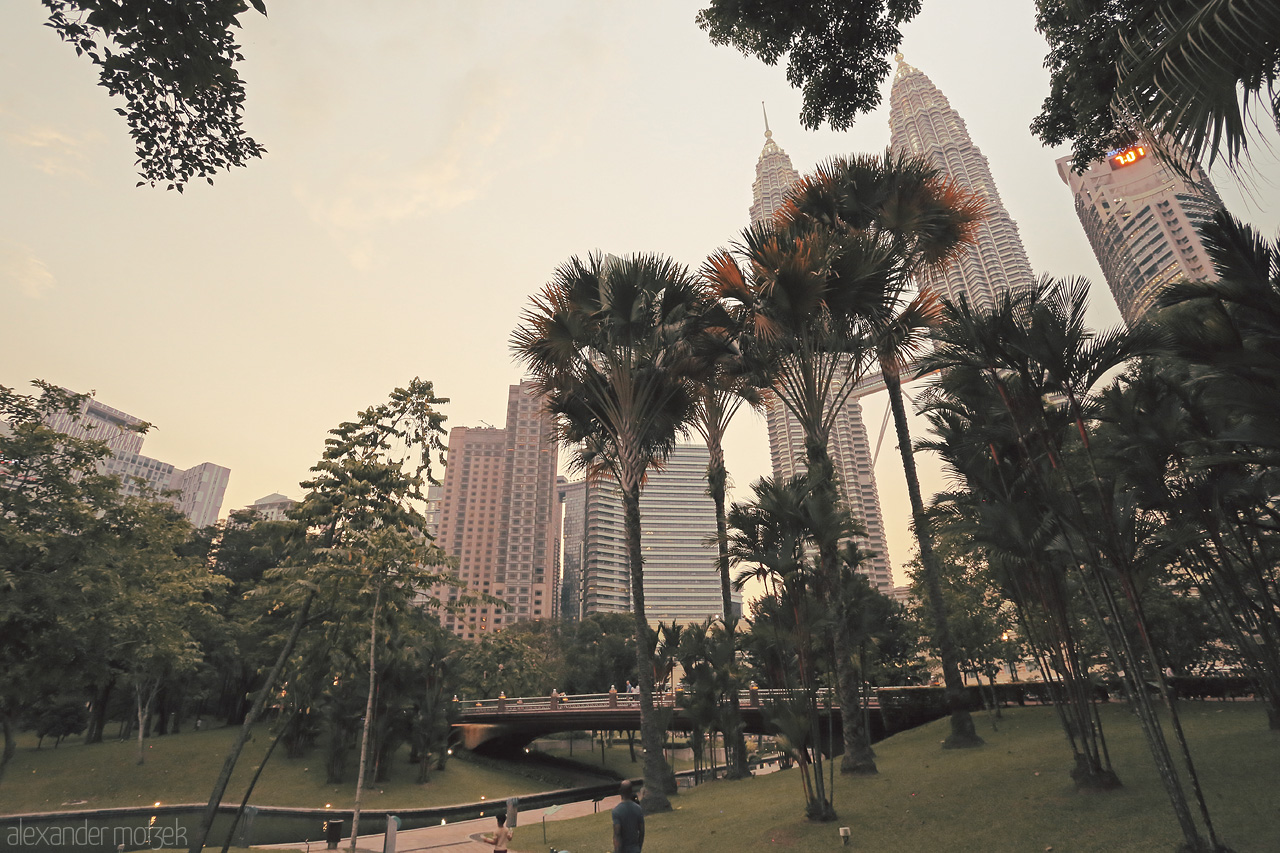 Foto von Discover the majestic Petronas Towers as they rise above lush greenery in Kuala Lumpur, blending urban and natural beauty.