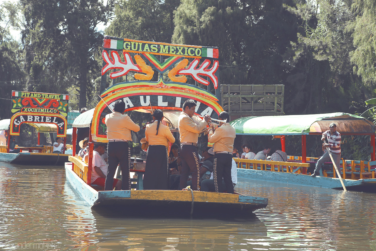 Xochimilco Serenade Foto von Mariachi musicians perform on a colorful trajinera in the vibrant canals of Xochimilco, Mexico City.