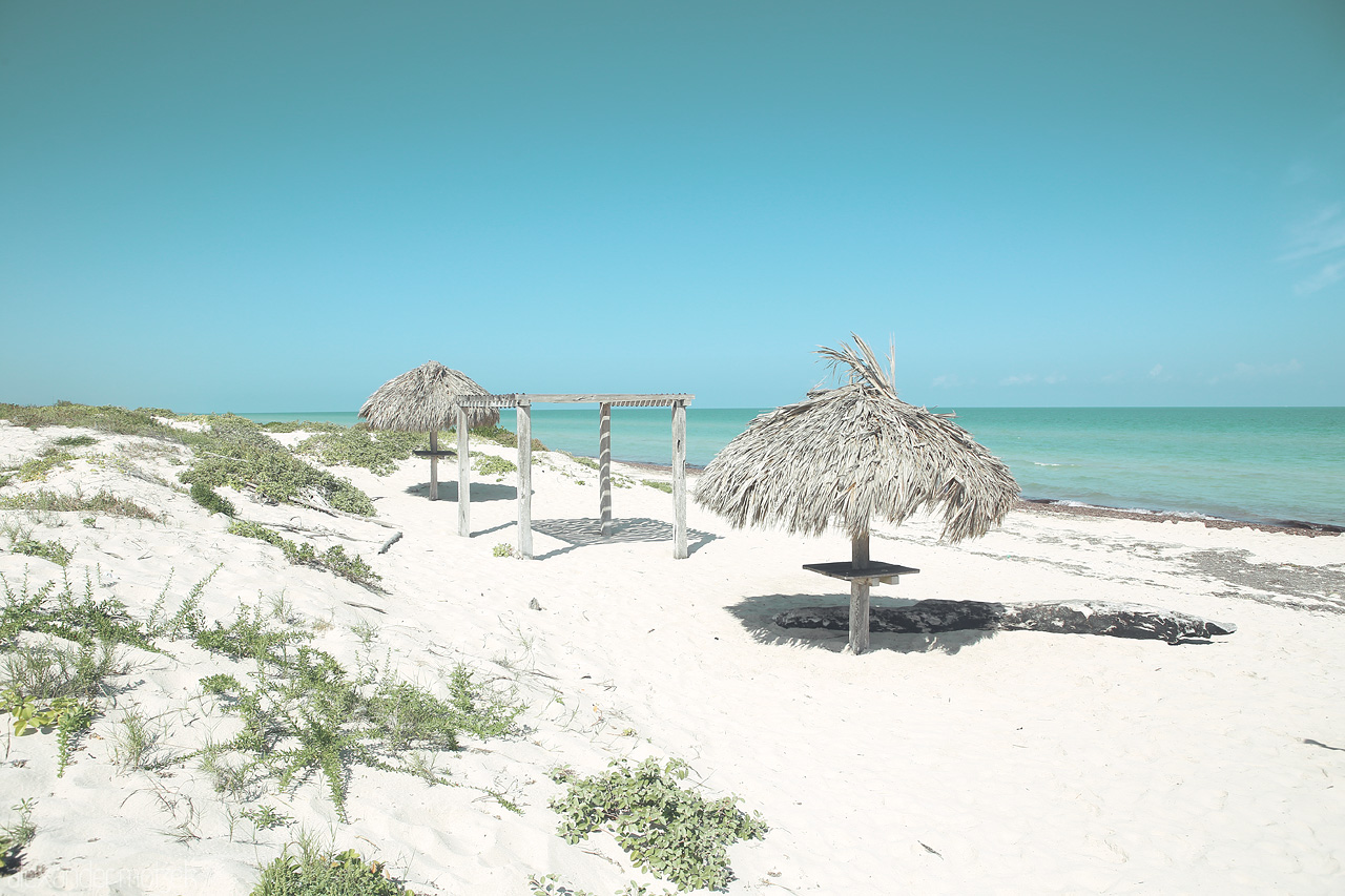 Foto von Thatch-roofed shelters dot the tranquil white sands of Río Lagartos, Yucatán, facing serene turquoise waters.