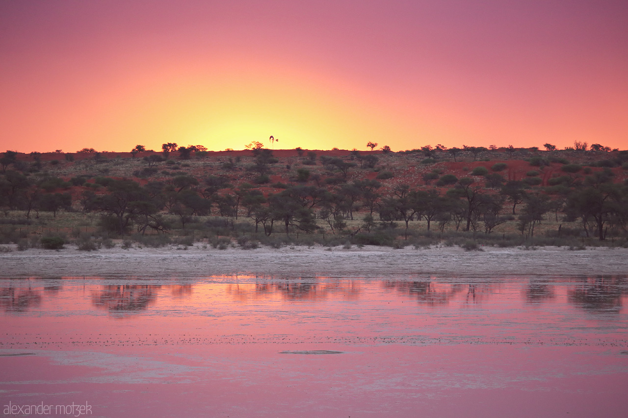 Foto von A vibrant desert sunrise paints the Kalahari sky and reflects on a serene waterbody in Namibia.