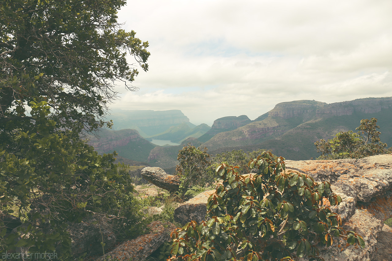 Foto von A breathtaking view of misty cliffs and lush vegetation, showcasing the grandeur of Blyde River Canyon in South Africa.