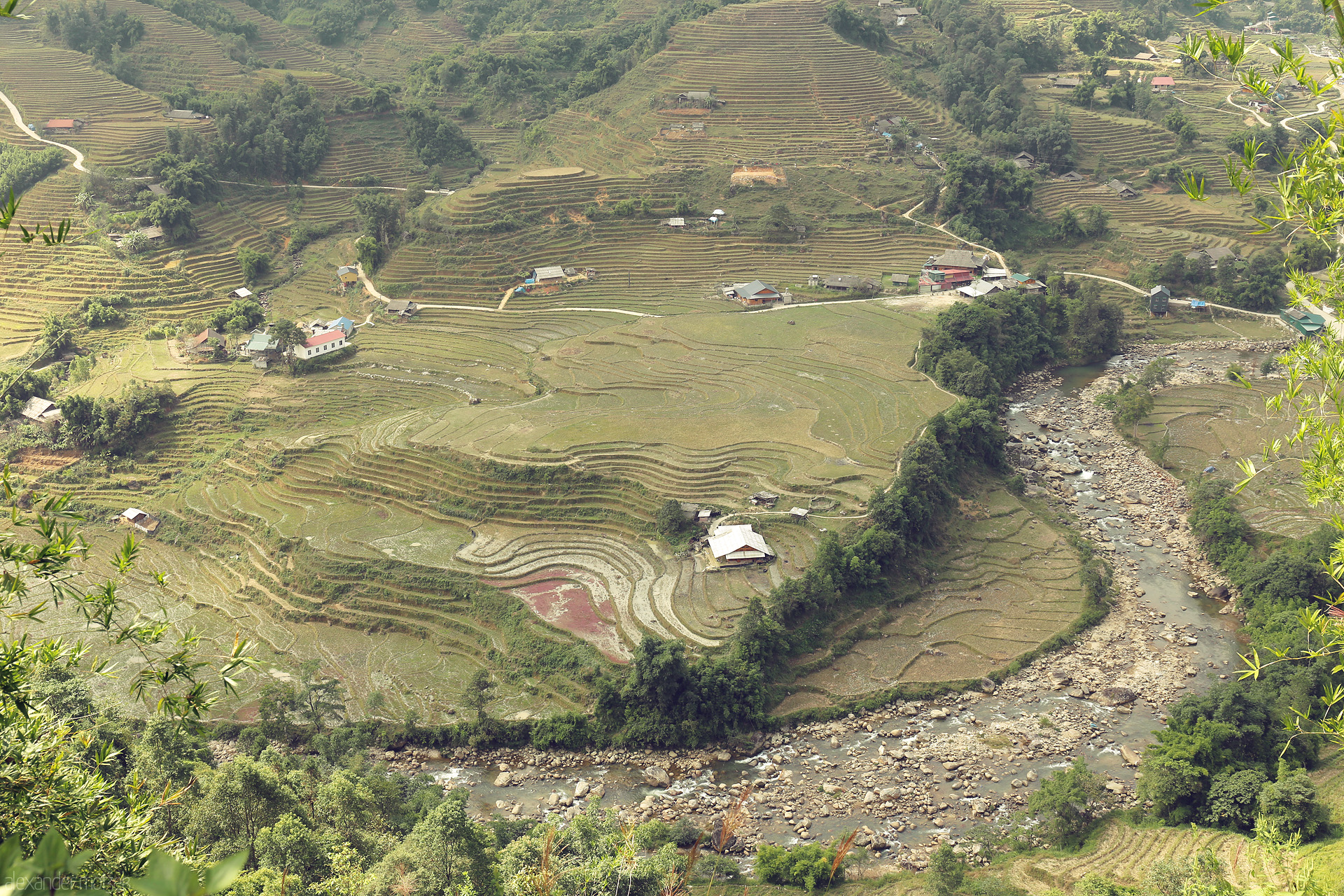 Foto von Verdant rice terraces, winding river, and scattered homes dot Sapa’s Muong Hoa Valley in a serene embrace of Vietnam’s northern highlands.